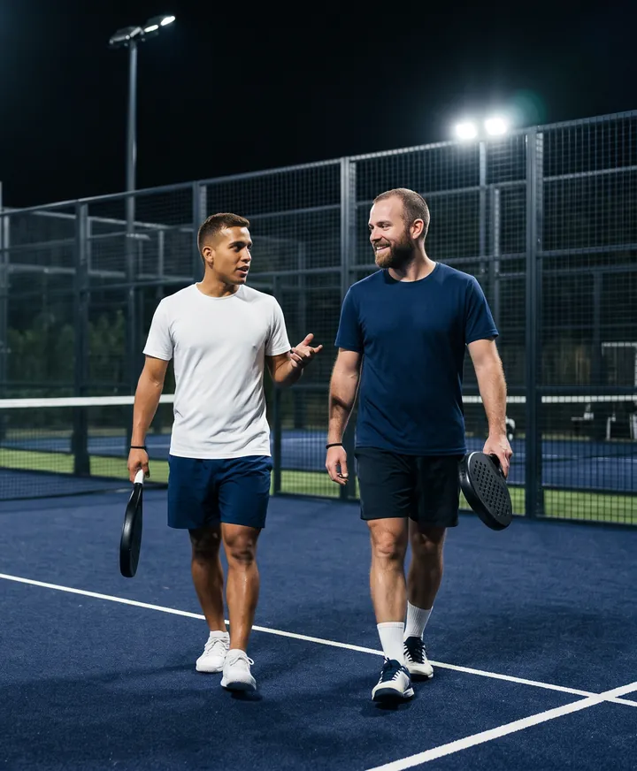 Dos compañeros de pádel en una cancha de noche.