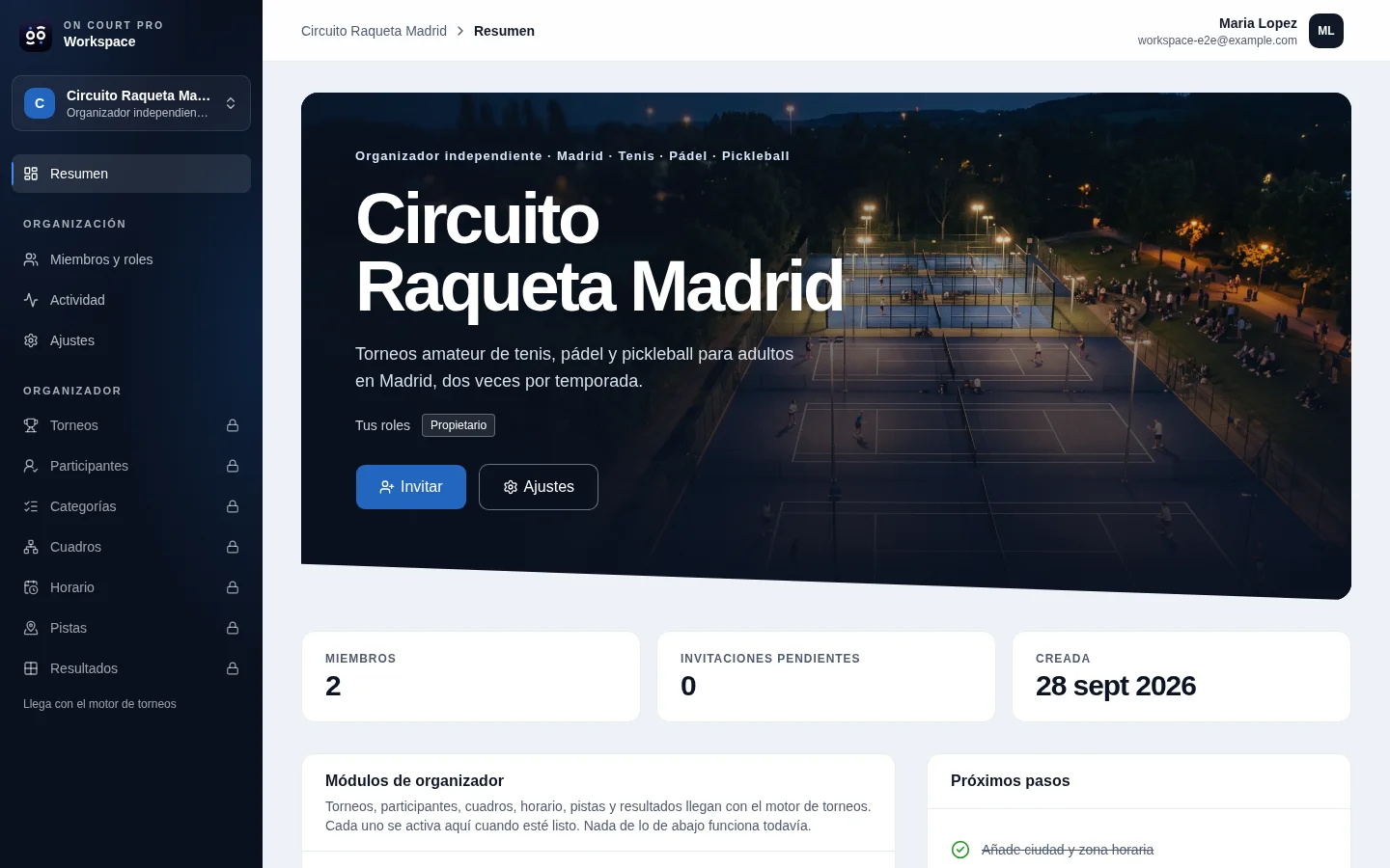 El resumen del Workspace de una organización ficticia, con los módulos de organizador marcados como aún no disponibles