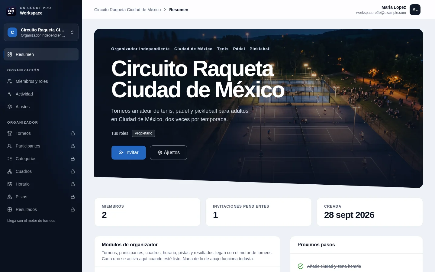 El resumen del Workspace de una organización ficticia, con los módulos de organizador marcados como aún no disponibles